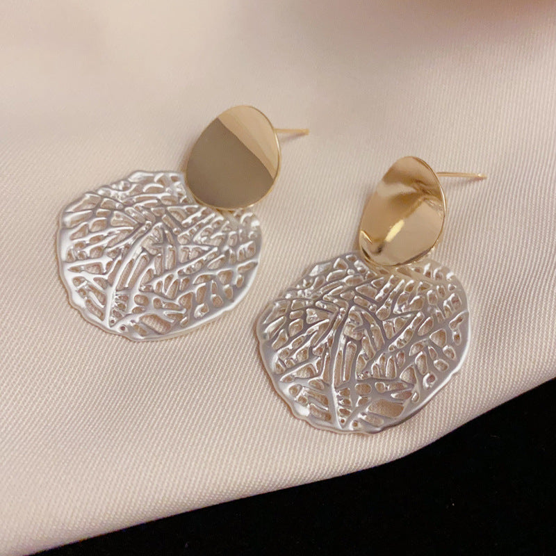 Luxury Metal Bicolor Hollow Round Drop Earrings – S925 Silver Needle