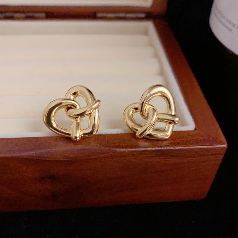 14K Gold-Plated Knot Heart Stud Earrings - Chic Minimalist Design