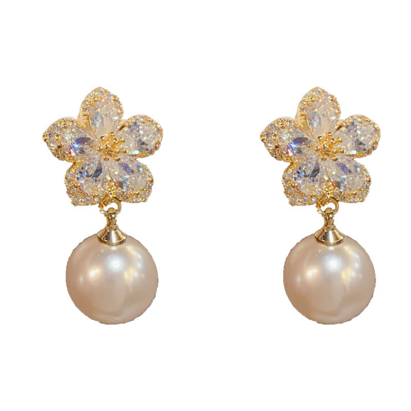 14K Gold-Plated Full Zircon Floral Pearl Drop Earrings Elegant Sparkle