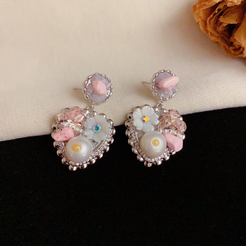Luxury Handcrafted Flower Pearl & Heart Drop Earrings – Elegant Design