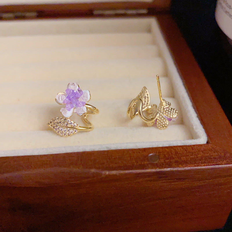 14K Gold-Plated Floral Zircon Leaf Stud Earrings–Elegant Nature Design