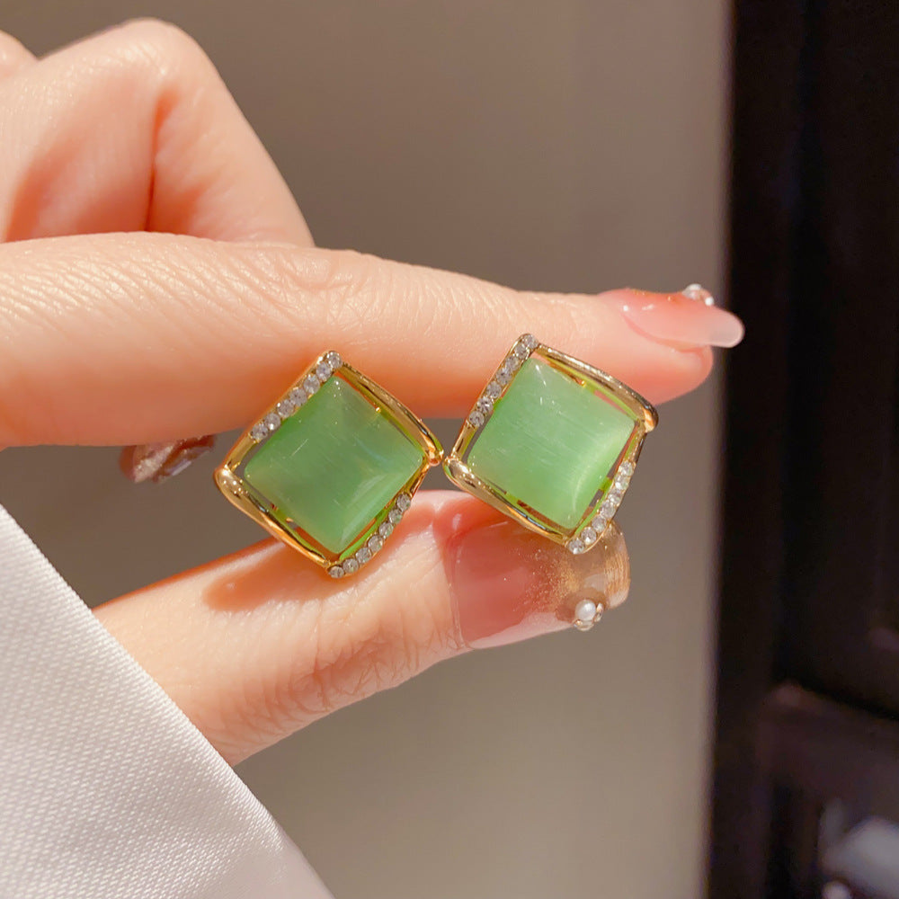 Eaioncol Green Cat Eye Rhombus Stud Earrings Gold