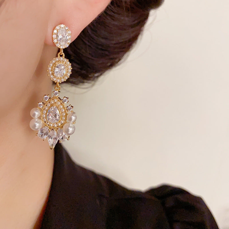 14K Gold-Plated Pearls & Zircon Drop Tassel Earrings - Elegant Design