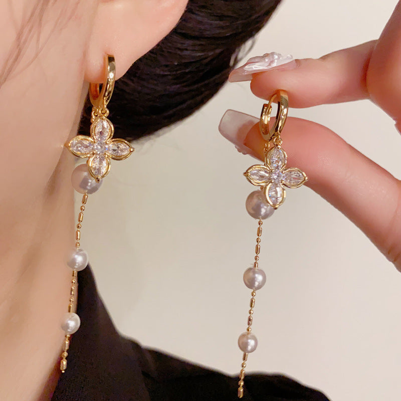 14K Gold Zircon Four-Leaf Flower Pearl Tassel Earrings – Elegant Chic