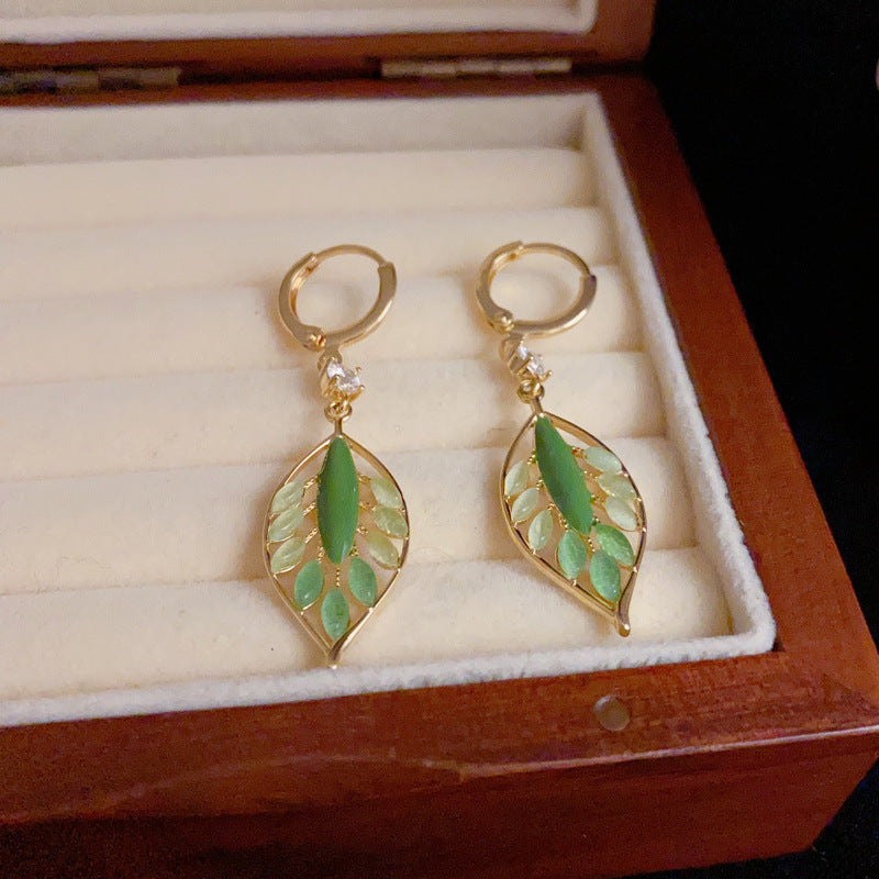 14K Gold-Plated Green Leaf Tassel Earrings – Elegant Minimalist Style