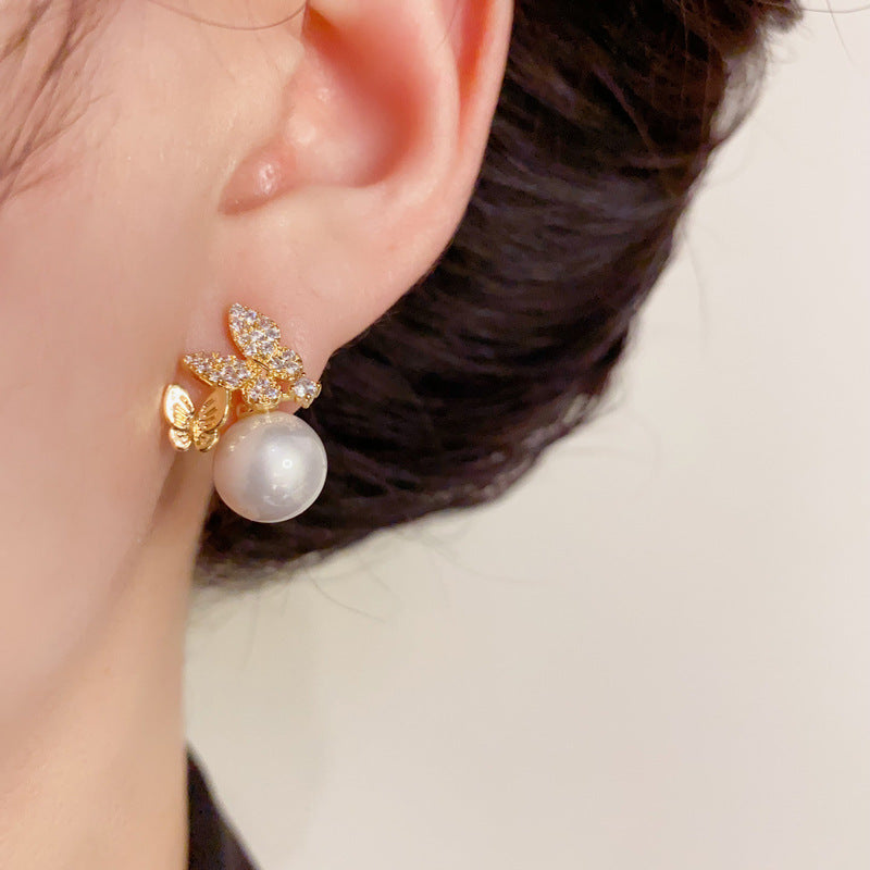 14K Gold Zircon Butterfly Pearl Stud Earrings- Chic Elegance Design