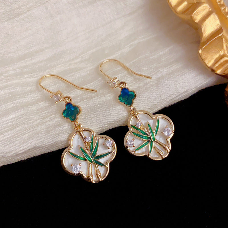 Luxury Bamboo Leaf Four-Leaf Flower Ear Hook Earrings – Elegant Design