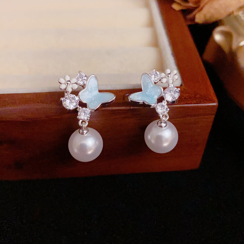 Silver Blue Enamel Butterfly & Pearl Drop Earrings – Elegant Design