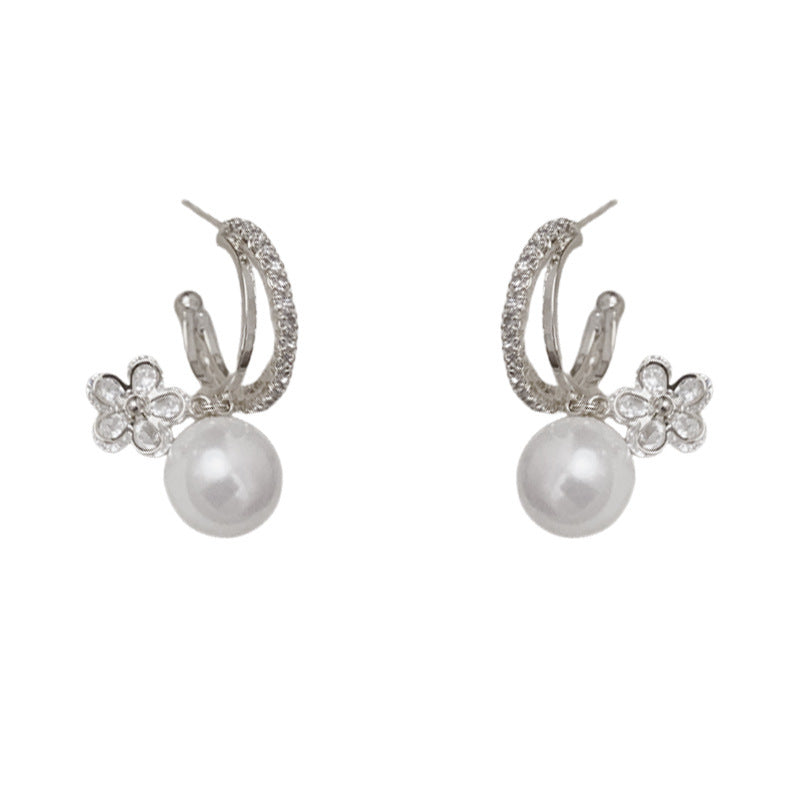 Luxury Zircon Flower & Pearl Drop Earrings – Elegant Floral Design
