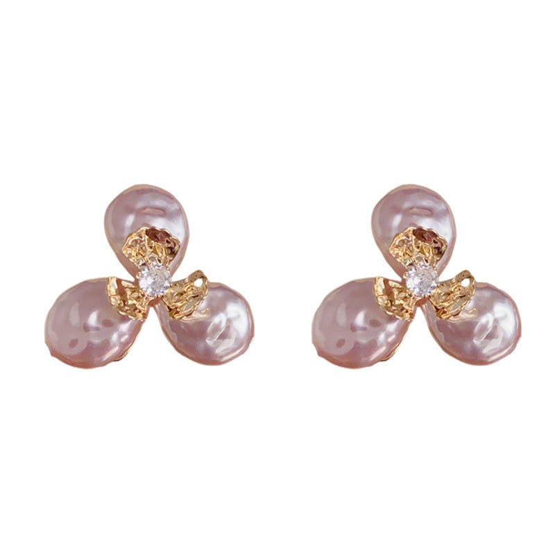 Elegant Faux Baroque Pearl & Flower Stud Earrings – Floral Design