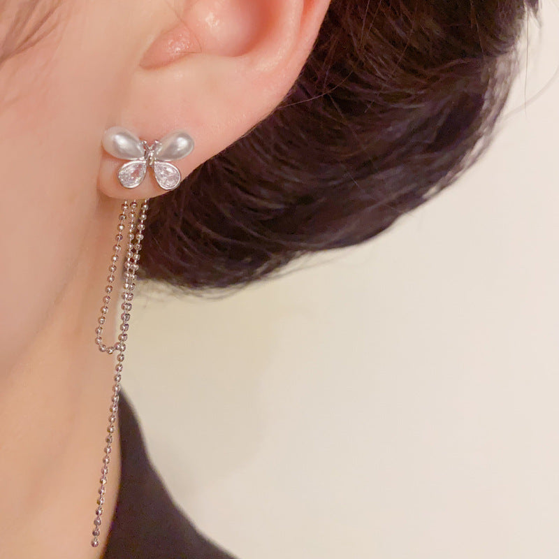 Luxury Pearl & Butterfly Tassel Drop Earrings – Silver Needle Design