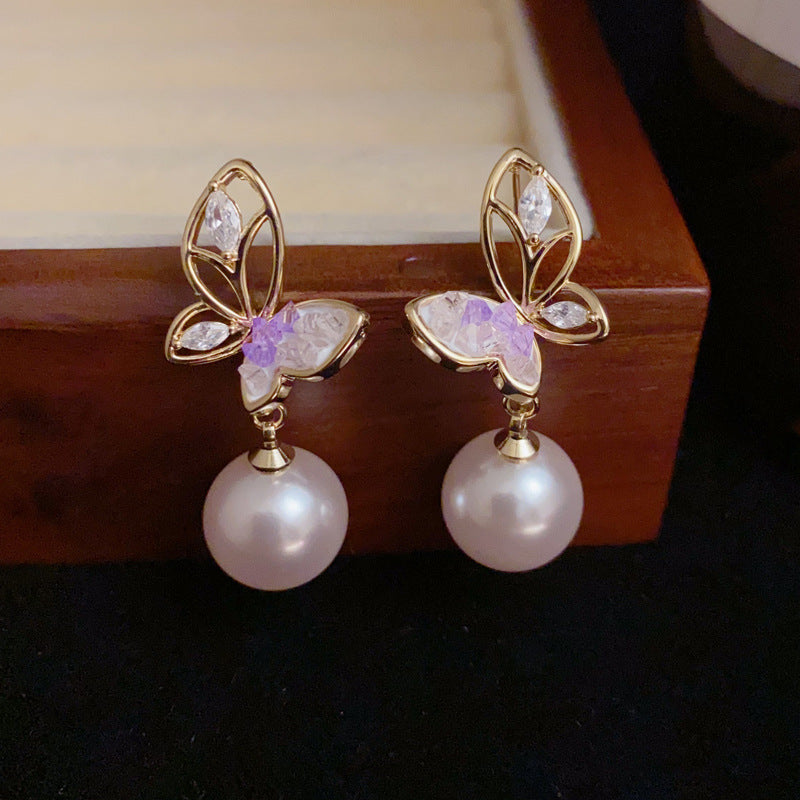14K Gold-Plated Hollow Butterfly Pearl Drop Earrings – Elegant Design