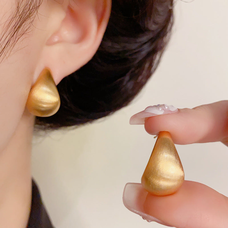 14K Gold Brushed Metal Teardrop Stud Earrings – French Design