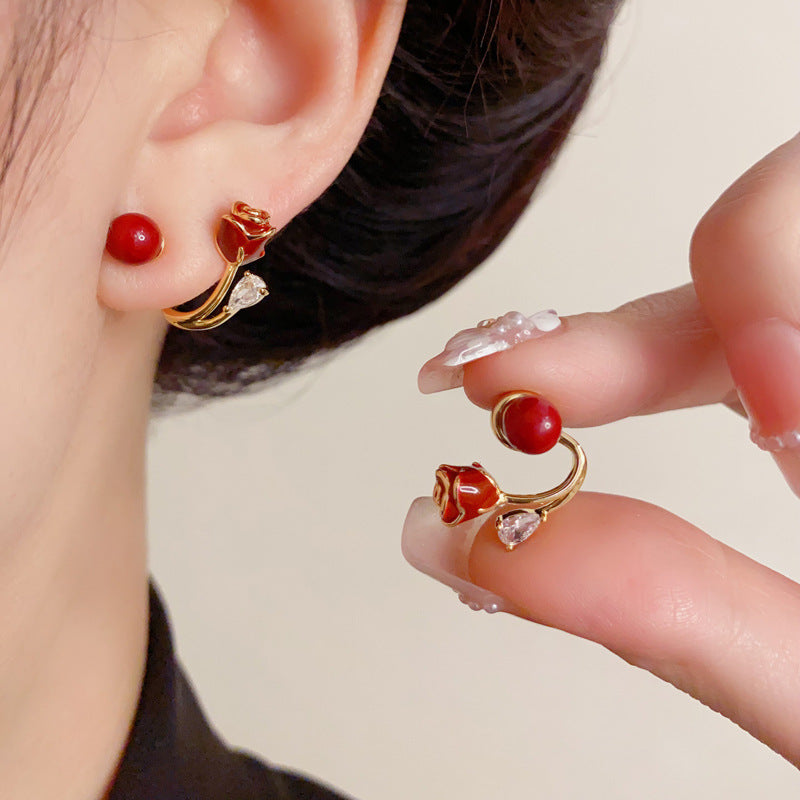 Elegant Red Rose Two-Way Stud Earrings – Floral Design