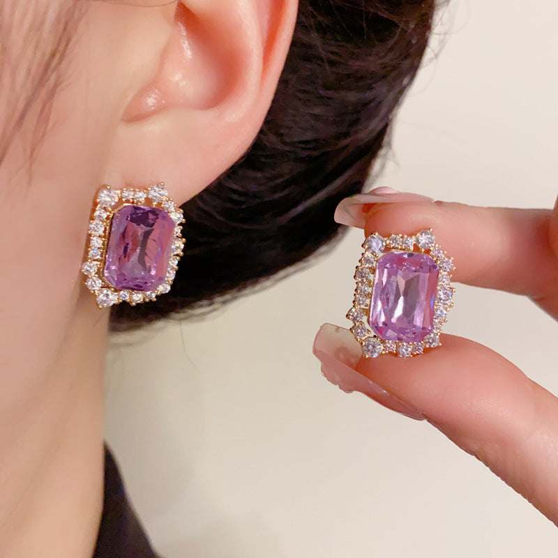 14K Gold-Plated Zircon Purple Square Stud Earrings – Elegant Design
