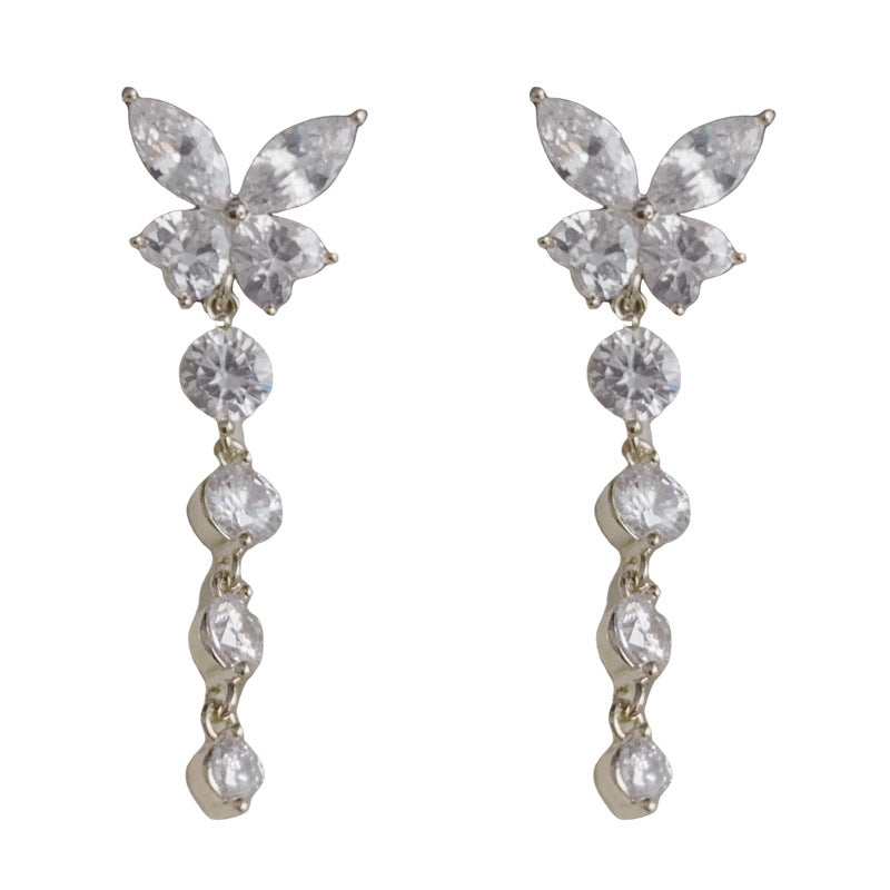 14K Gold-Plated Rhinestone Butterfly Tassel Earrings – Elegant Design