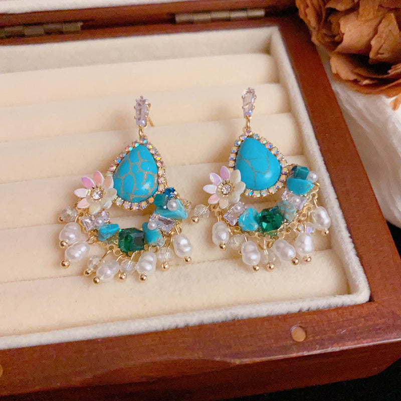 Zircon Flower Droplet Tassel & Pearl Stud Earrings – Elegant Design