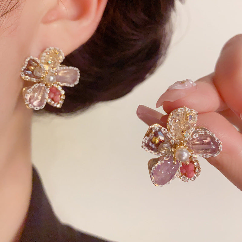 14K Gold-Plated Luxury Crystal Flower Stud Earrings – Floral Design