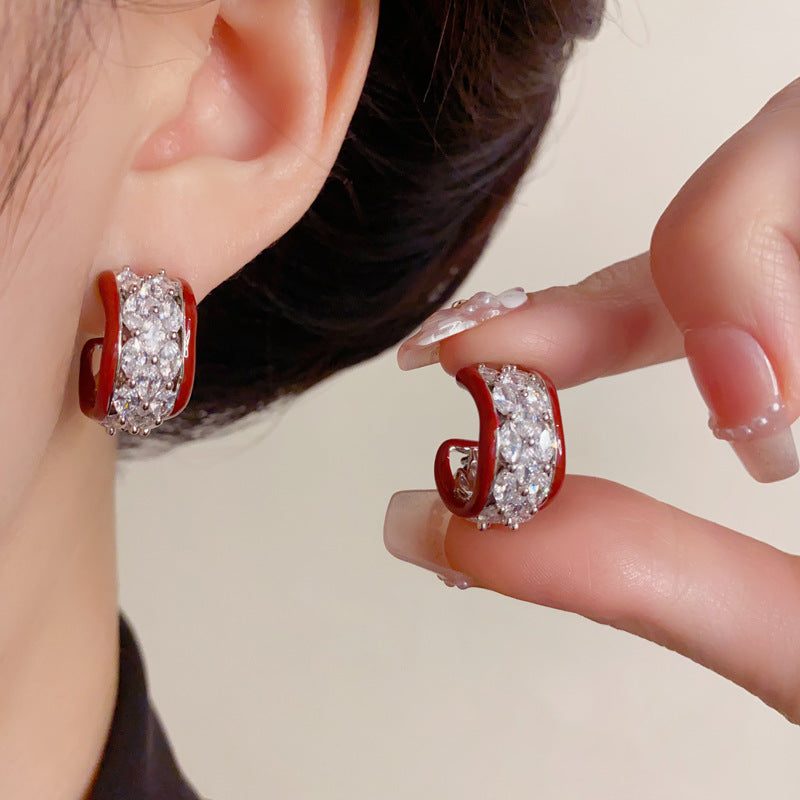 Elegant Full-Zircon Red Drip-Oil C-Hoop Earrings – French Retro Design