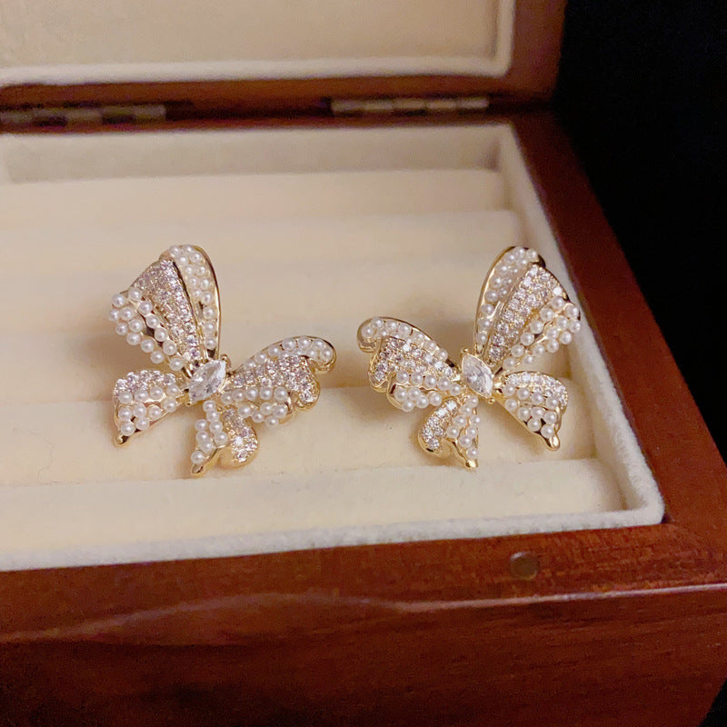 14K Gold-Plated Pearl Butterfly Earrings - Elegant Animal Design