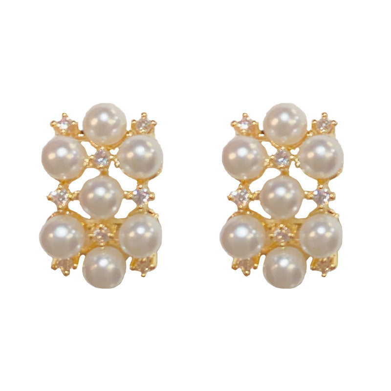 14K Gold-Plated Geometric Hollow Pearl Stud Earrings – Minimalist Chic