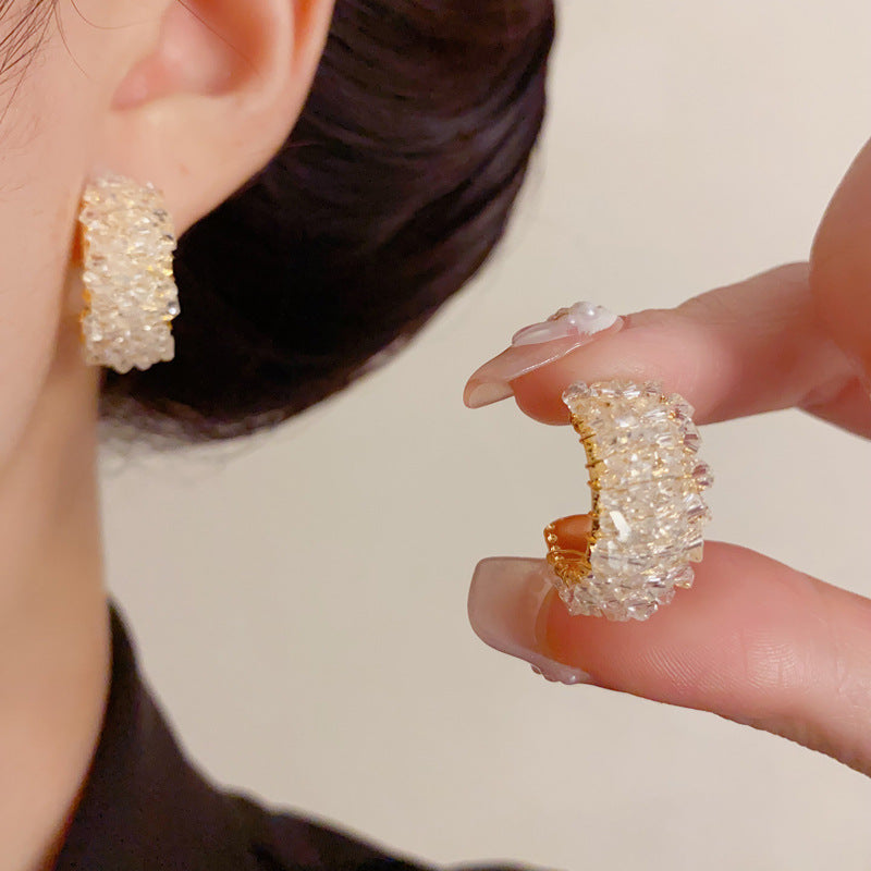 Luxury Crystal C-Shape Hoop Earrings – Elegant Minimalist Design
