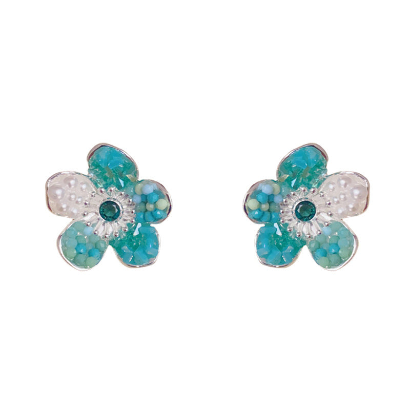 Elegant Colorblock Beaded Petal Stud Sliver Earrings – Floral Design