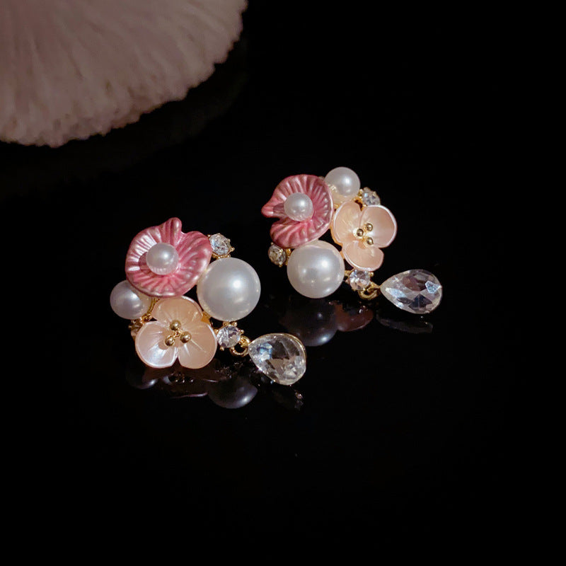 14K Gold French Style Flower Petal Pearl Drop Earrings– Elegant Design