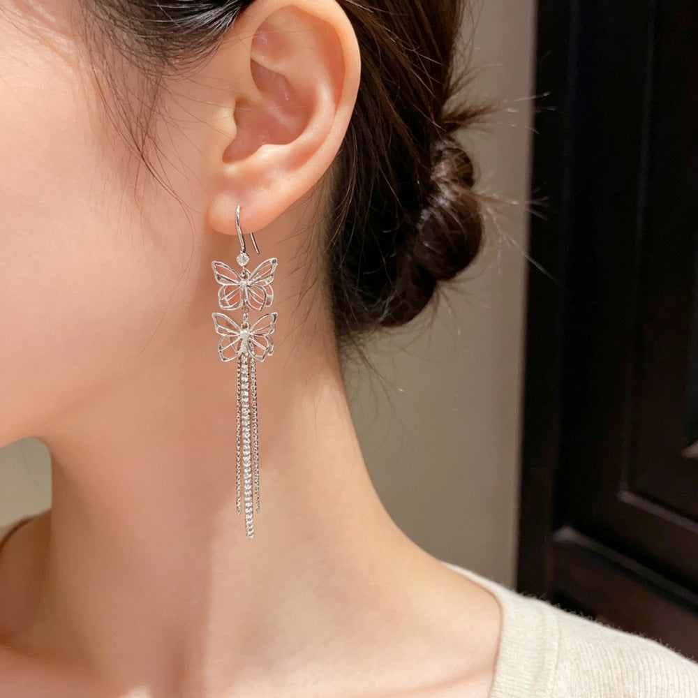 Eaioncol Cutout Butterfly CZ Tassel Drop Earrings Gold Silver