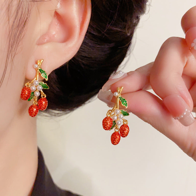 Elegant Leaf Pearl & Red Fruit Drop Gold Earrings – Geometric Design