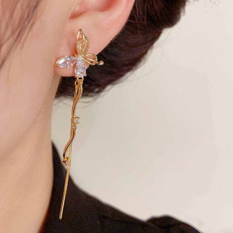 14K Gold-Plated Hollow Butterfly Tassel Earrings - Elegant Design