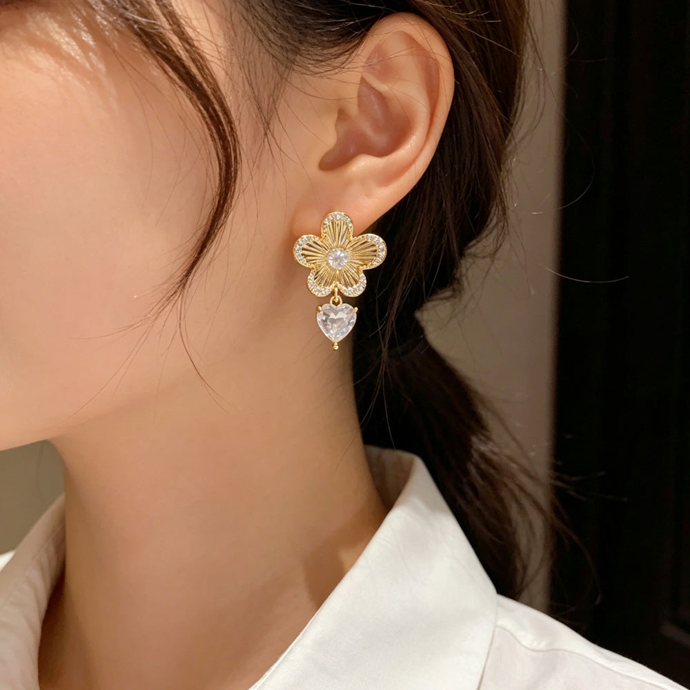 Eaioncol Floral Heart Drop Earrings Gold