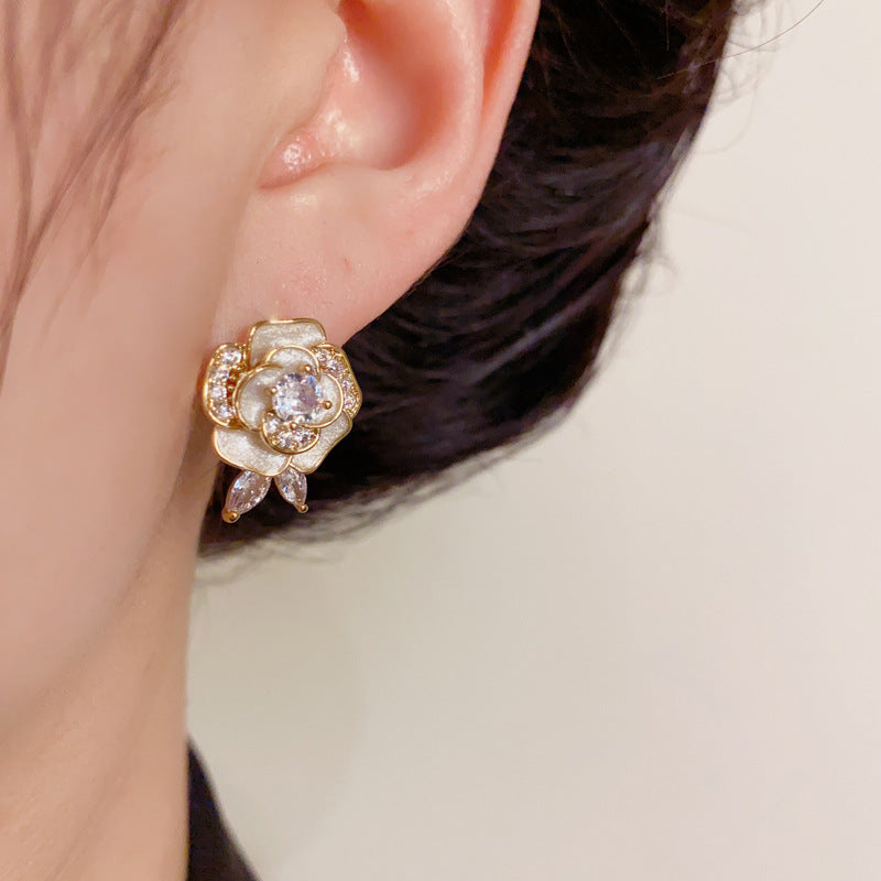 14K Gold-Plated Zircon Camellia Ear Cuffs – Elegant Floral Design