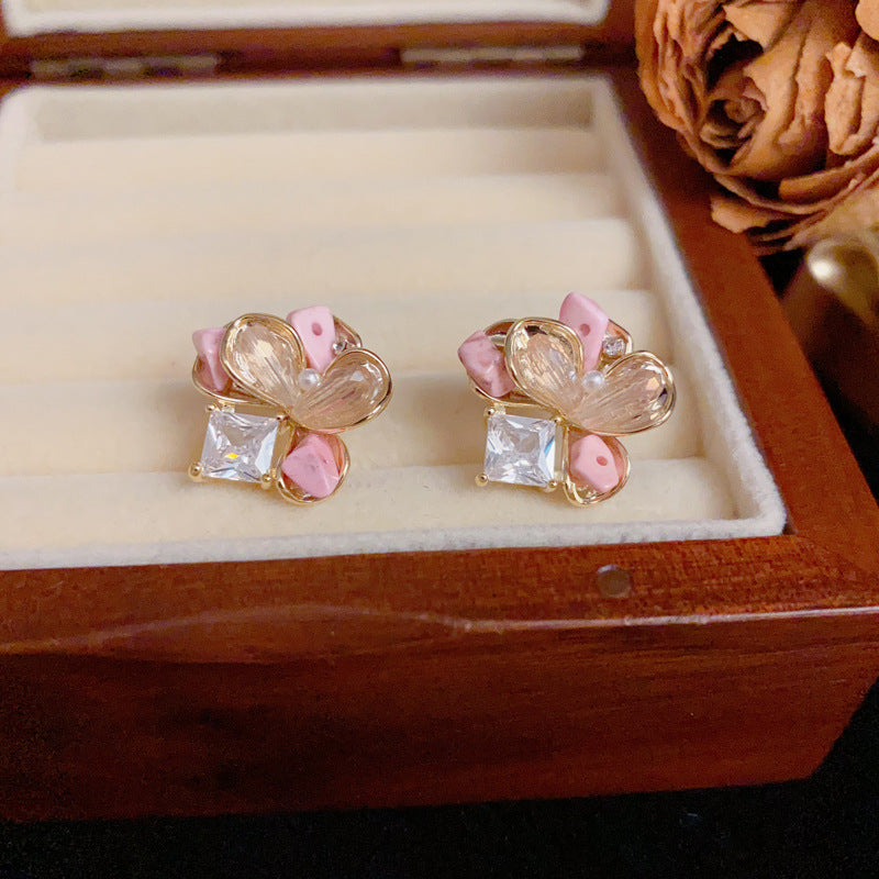 14K Gold Sweet Crystal Pink Petal Stud Earrings – S925 Silver Needle