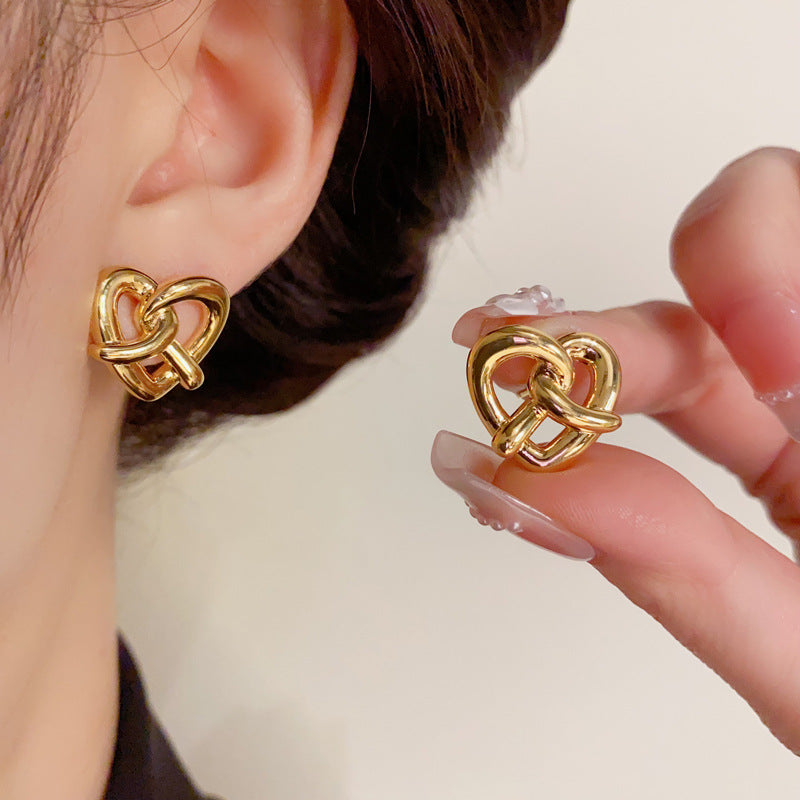 14K Gold-Plated Knot Heart Stud Earrings - Chic Minimalist Design