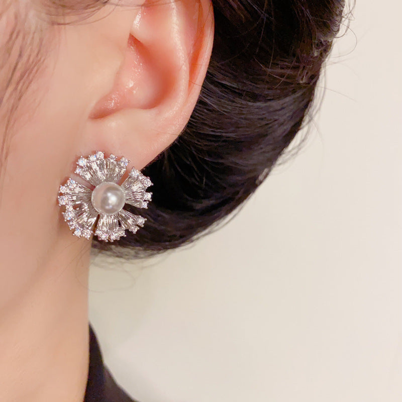 Elegant Metal Zircon & Pearl Petal Stud Earrings – Floral Design
