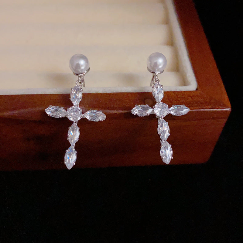 14K Gold-Plated Pearl & Zircon Cross Earrings - Elegant Sparkle