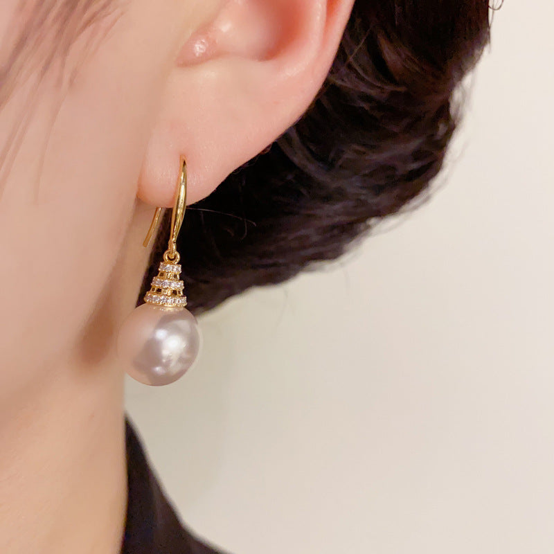 14K Gold-Plated Zircon Pearl Tassel Hook Earrings – Elegant Design