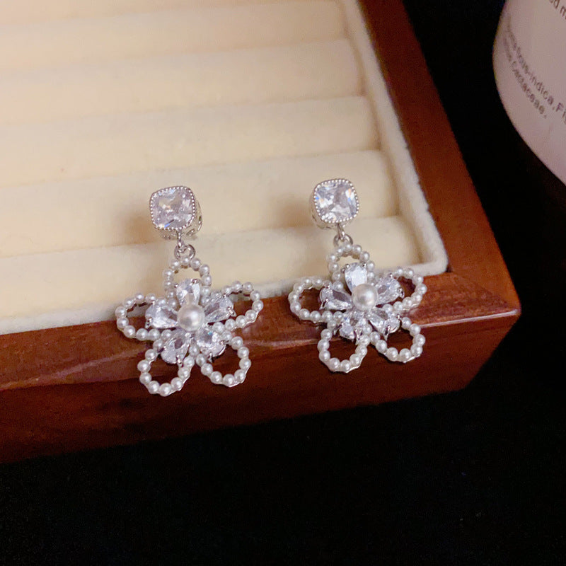 14K Gold Zircon Pearl Open Flower Drop Earrings - Chic Elegance Design