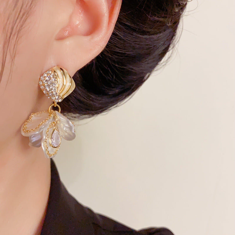 Luxury Zircon Diamond & White Petal Drop Gold Earrings – Floral Design