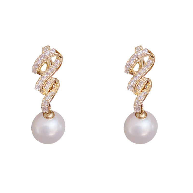 Elegant Full-Zircon Twisted Pearl Drop Earrings – Silver Needle Design