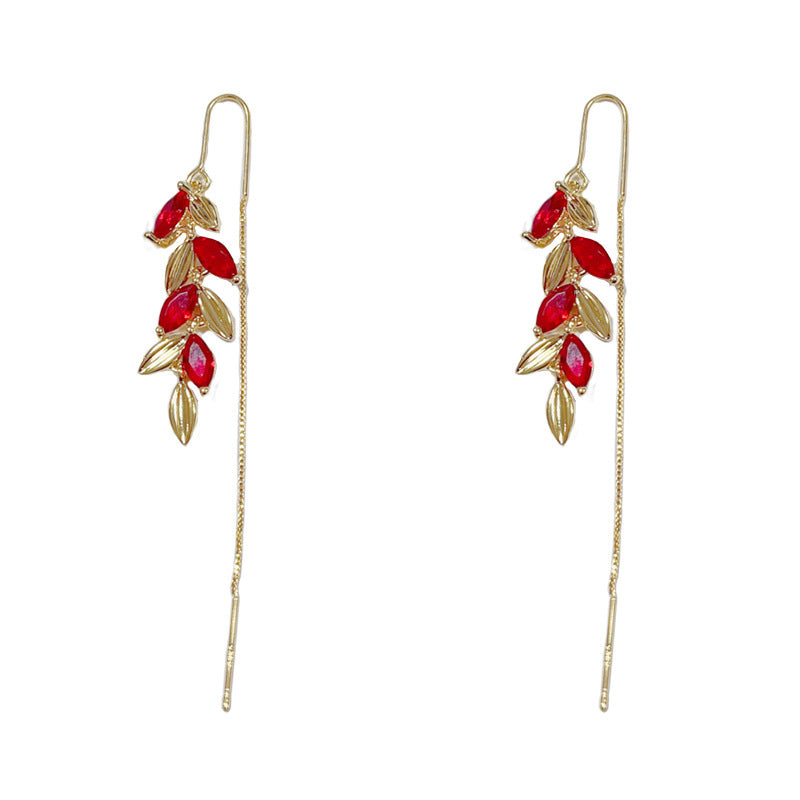 14K Gold-Plated Zircon Red Wheat Ear Thread - Elegant Tassel Design