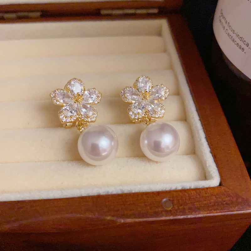 14K Gold-Plated Full Zircon Floral Pearl Drop Earrings Elegant Sparkle