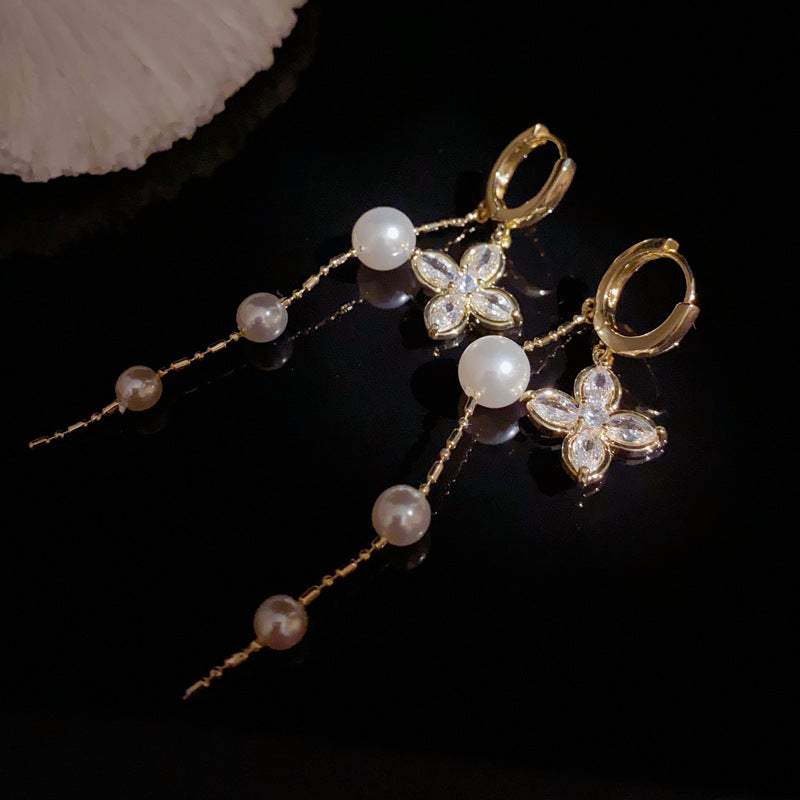 14K Gold Zircon Four-Leaf Flower Pearl Tassel Earrings – Elegant Chic