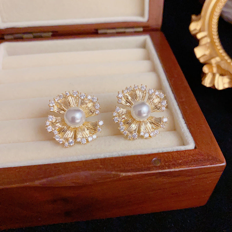 Elegant Metal Zircon & Pearl Petal Stud Earrings – Floral Design