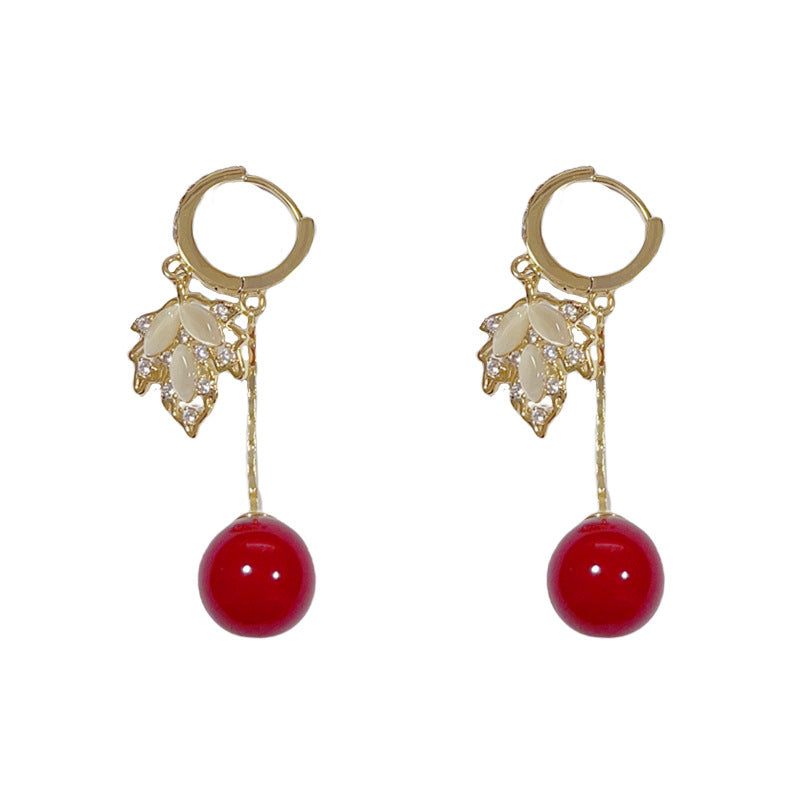 14K Gold-Plated Stone Maple Leaf Red Bead Earrings - Chic & Elegant
