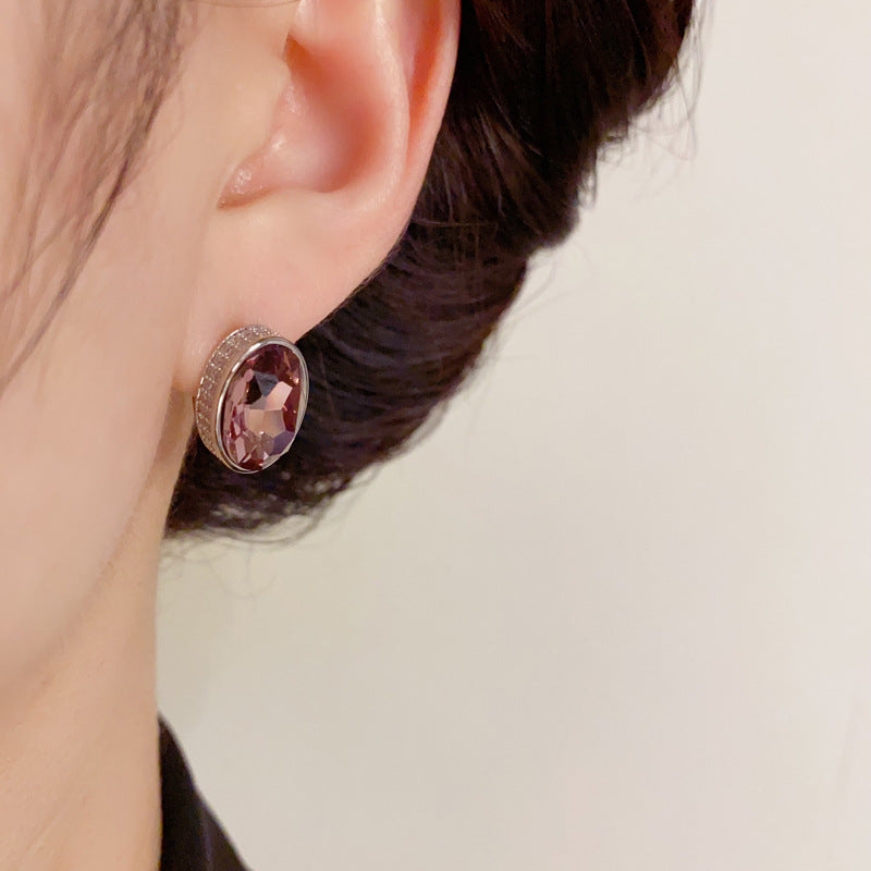 S925 Plated Geometric Oval Earrings - Purple/Blue Minimalist Style