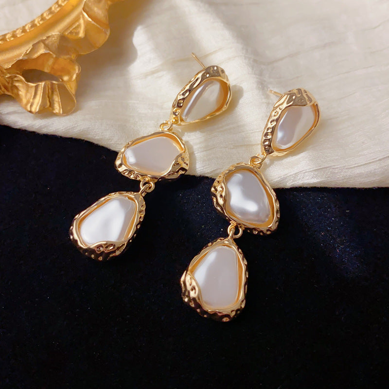 Elegant Irregular Pearl Long Tassel Earrings – Geometric Design
