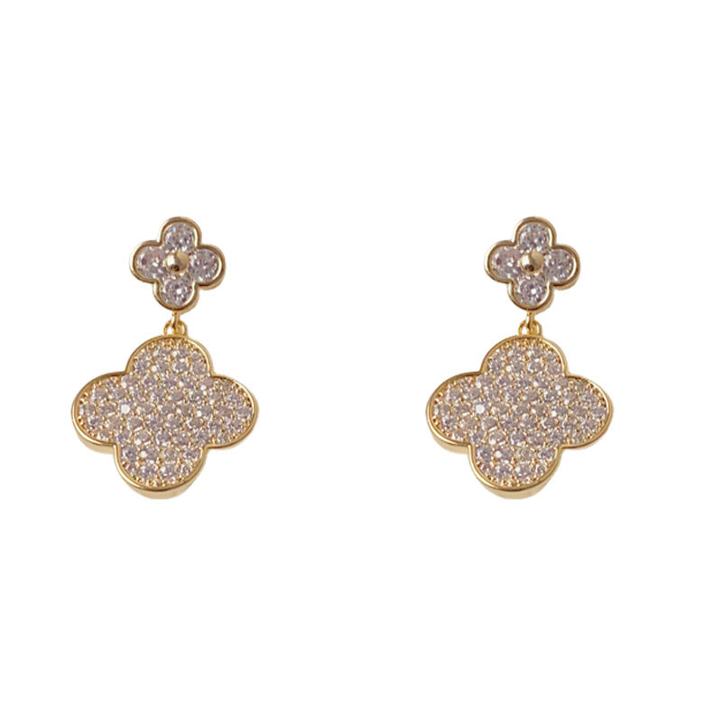 Luxury Zircon Four-Leaf Clover Drop Earrings – Elegant Floral Design