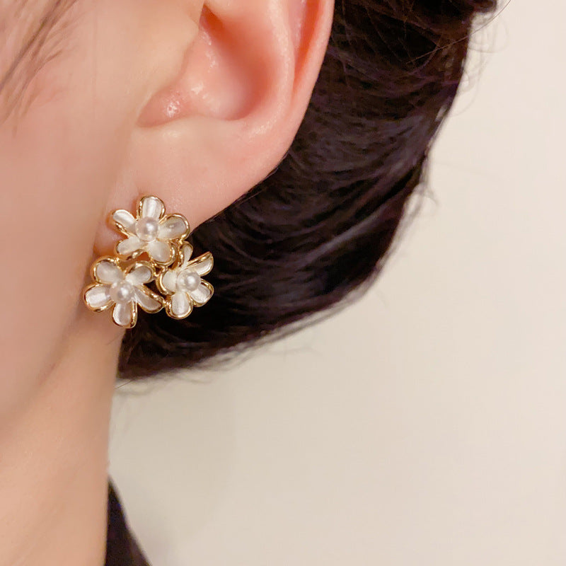 14K Gold-Plated White Three-Petal Flower Stud Earrings – Elegant Bloom